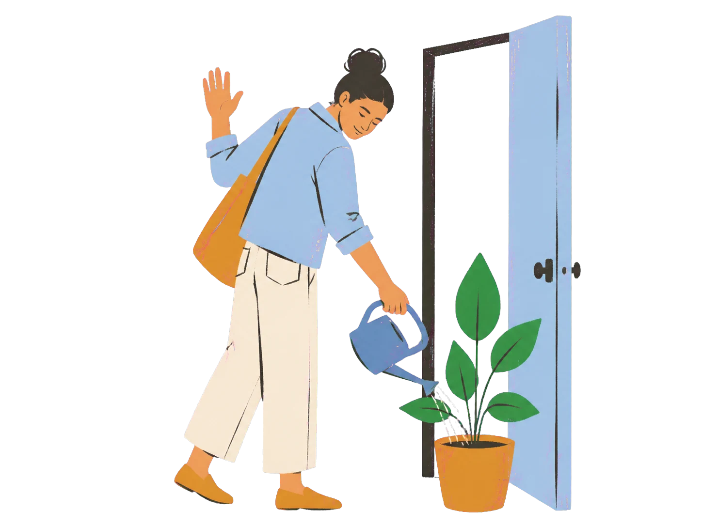 A considerate visitor waters a houseplant at the doorway and waves goodbye