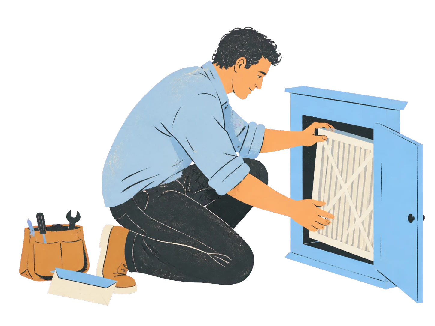 A person carefully replaces an ordinary household air filter