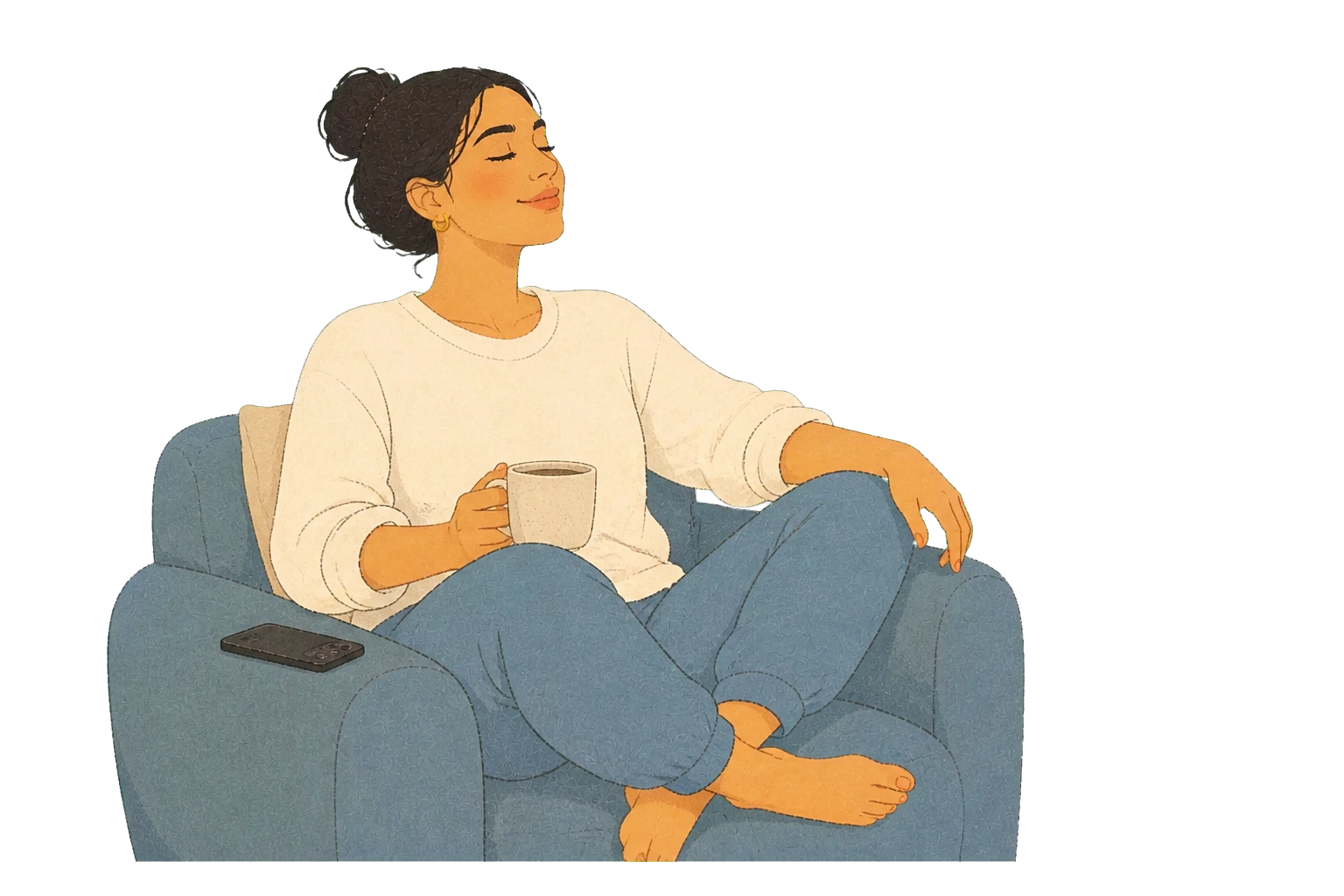 A relaxed person sits comfortably with a cup while their phone rests face down beside them