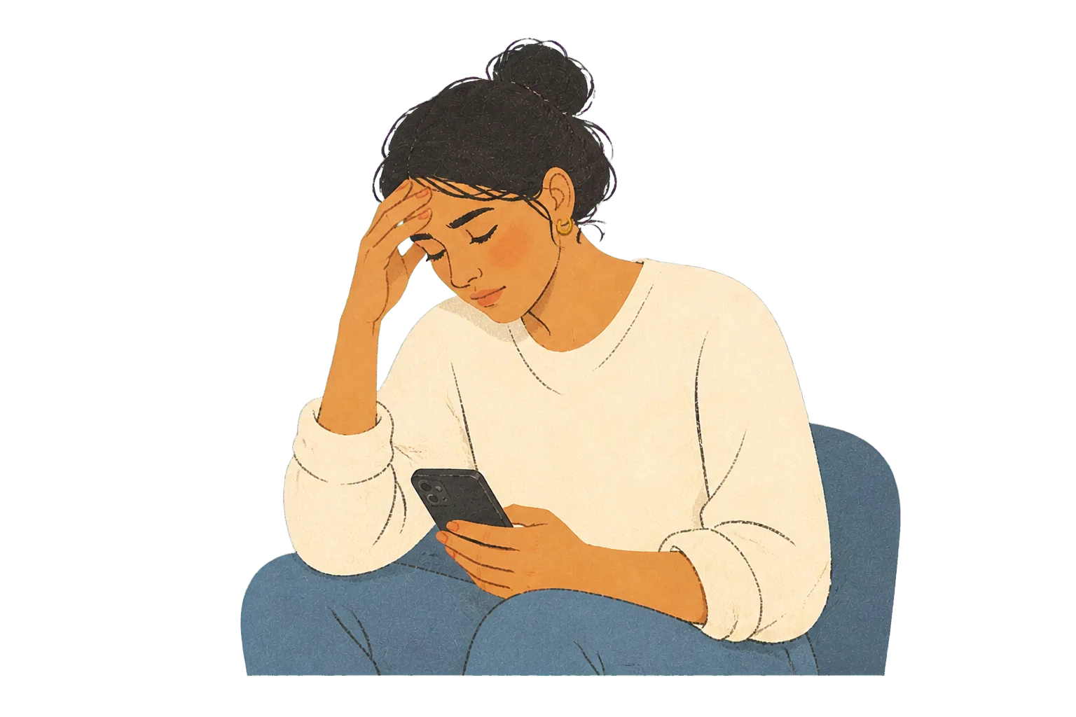 A woman looking mentally occupied while holding her phone and resting a hand on her forehead