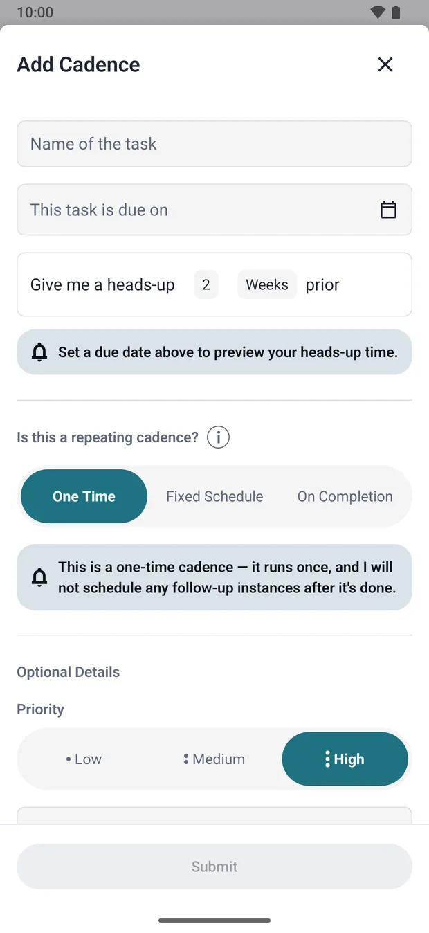 HeadsUp Add cadence screen showing the one-time, fixed-schedule, and on-completion cadence types