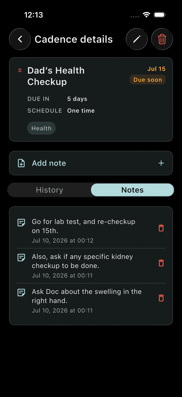 Notes attached to a cadence for context